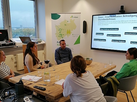 Mehrere Personen sitzen an einem Holztisch in einem modernen Seminarraum mit Blick über Köln. An der Wand läuft eine Präsentation mit dem Titel „Essen – Erste Assoziation: Befriedigung eines Grundbedürfnisses“. Heiko Mezger sitzt in der Mitte und spricht mit den Teilnehmenden, darunter auch Liziko Jeladze. Auf dem Tisch stehen Wasser und Notizen, im Hintergrund ist ein Fröbel-Banner zu sehen.